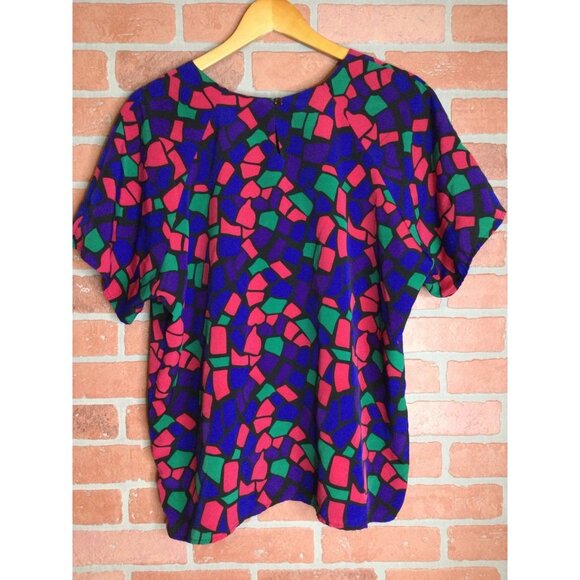 Vintage Womens Blouse Top Colorful Stained Glass Look Plus Size 18 W Truffles - Picture 3 of 6